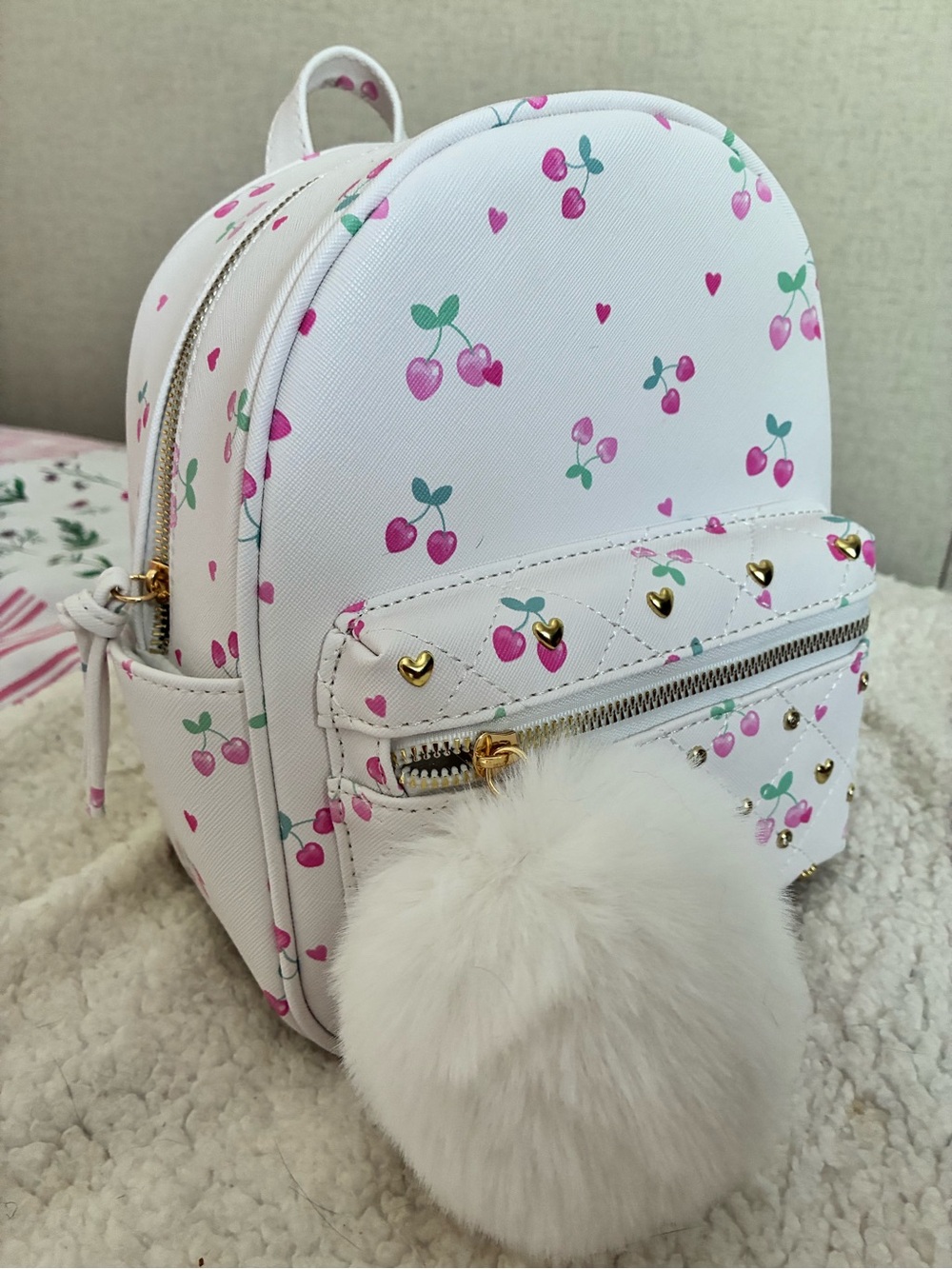 White Cherry Print Mini Backpack with Pom Pom